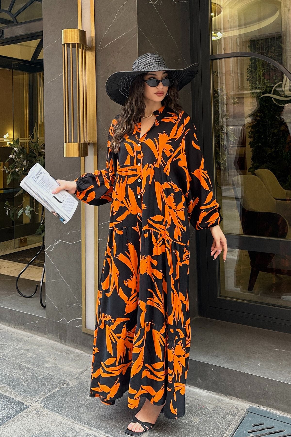 100% Viscose Bohemian Alaçatı Dress V Neck Ethnic Patterned Viscose Dress Hijab Suitable Dress