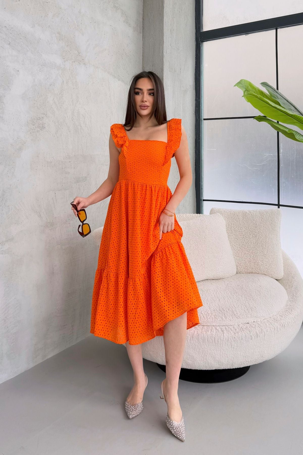 100% Viscose Bohemian Alaçatı Dress Shoulder Strap Lace Viscose Dress