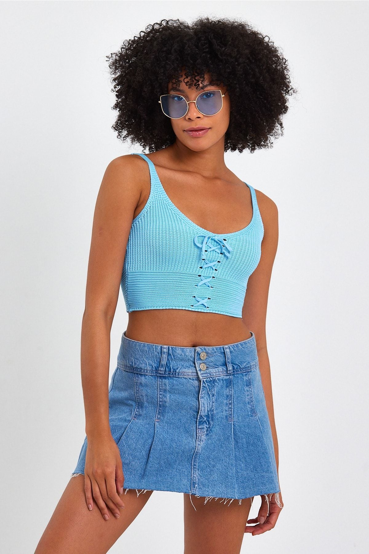 Women's Cross Lace Knit Crop Blouse
