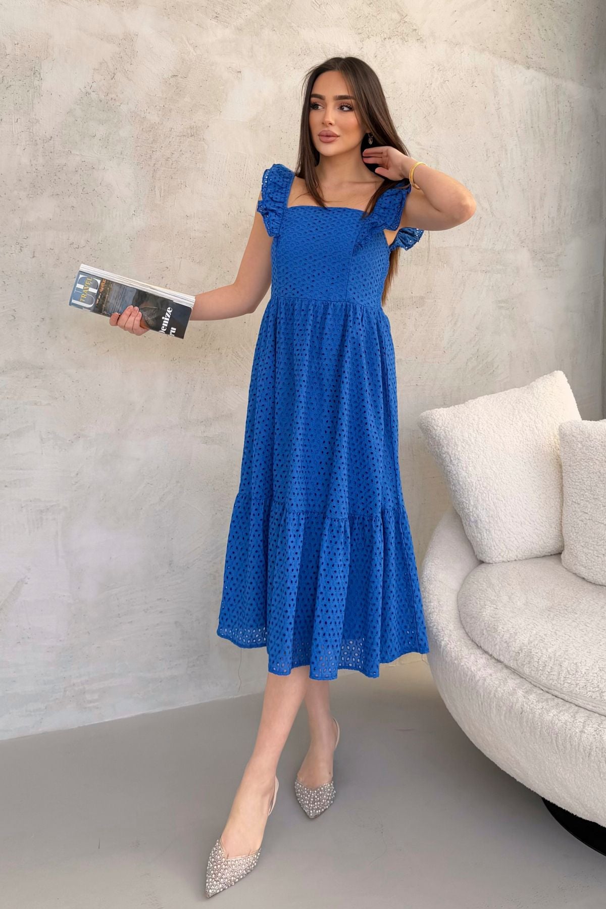 100% Viscose Bohemian Alaçatı Dress Shoulder Strap Lace Viscose Dress