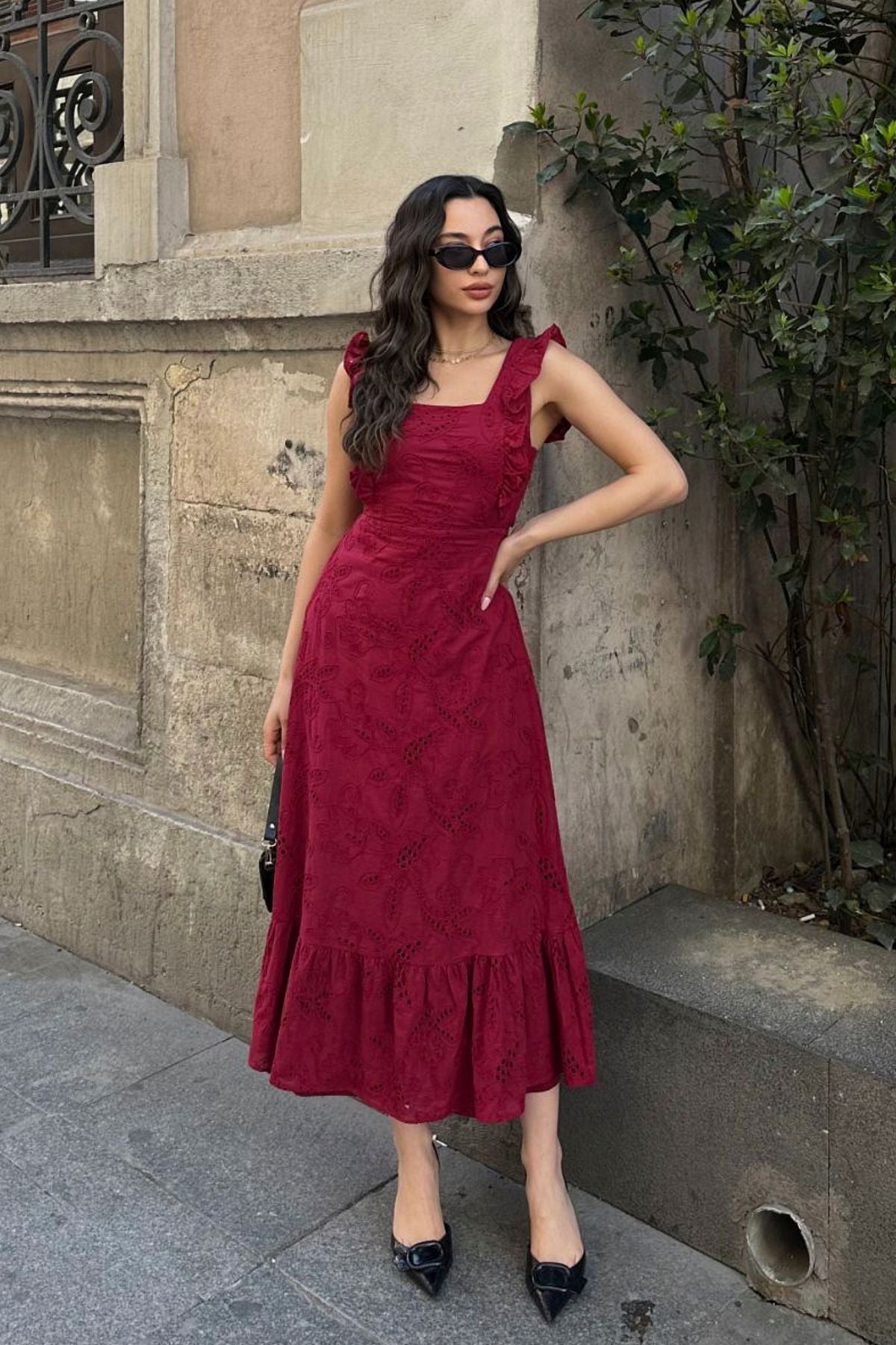 BACK LACE DETAIL SPECIAL DESIGN SQUARE COLLAR LINED BELT 100% COTTON EMBROIDERED SCARF DRESS