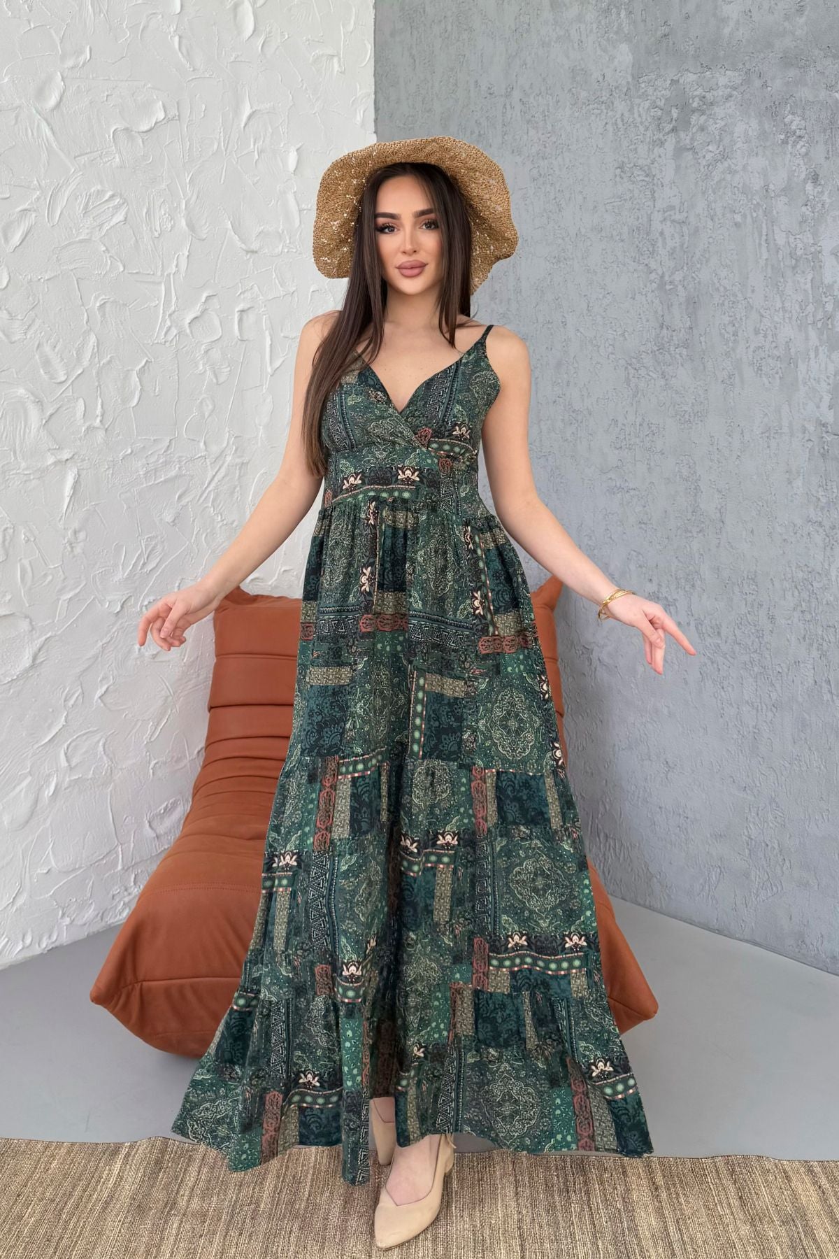 100% Viscose Bohemian Alaçatı Dress Rope Strap Viscose Dress