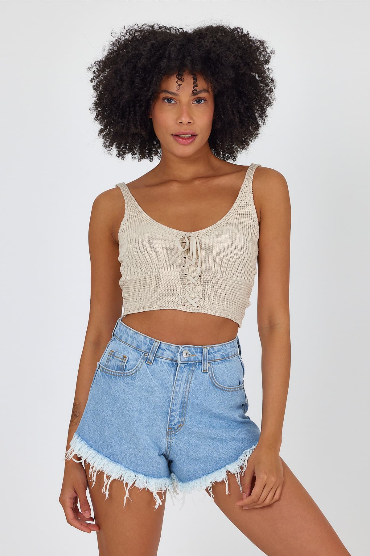 Kadın Çapraz Bağcıklı Triko Crop Bluz - Bej