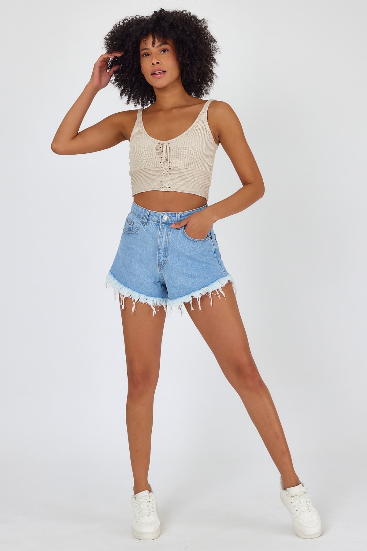 Kadın Çapraz Bağcıklı Triko Crop Bluz - Bej