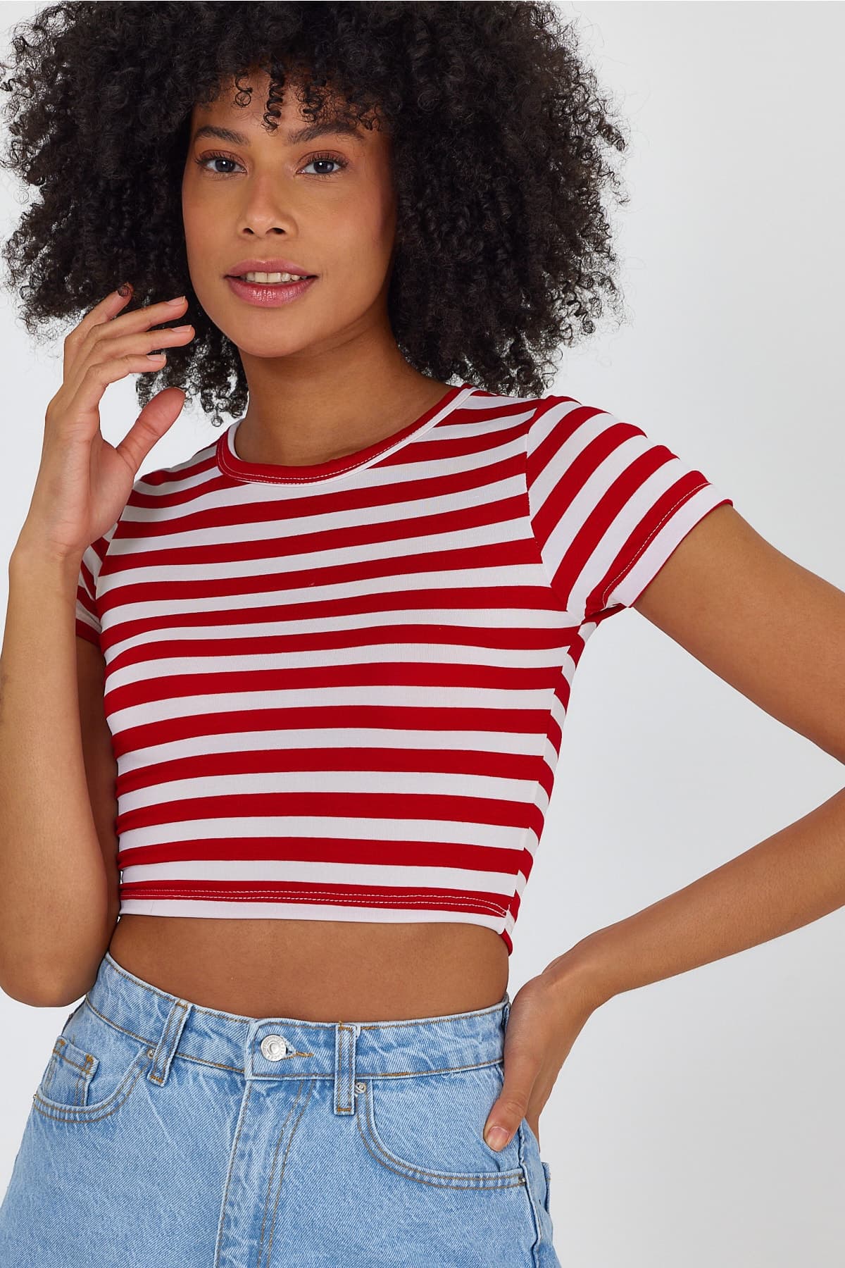 Kadın Çizgili Crop Tshirt - Kırmızı