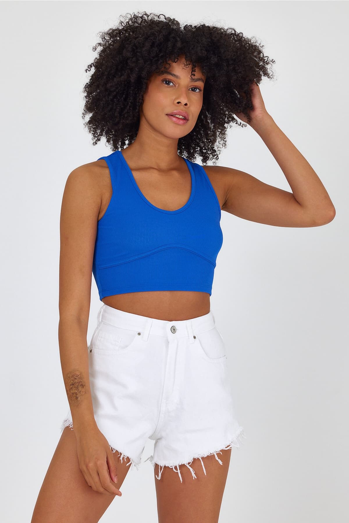Kadın Askılı Parça Detay Fitilli Crop - Mavi