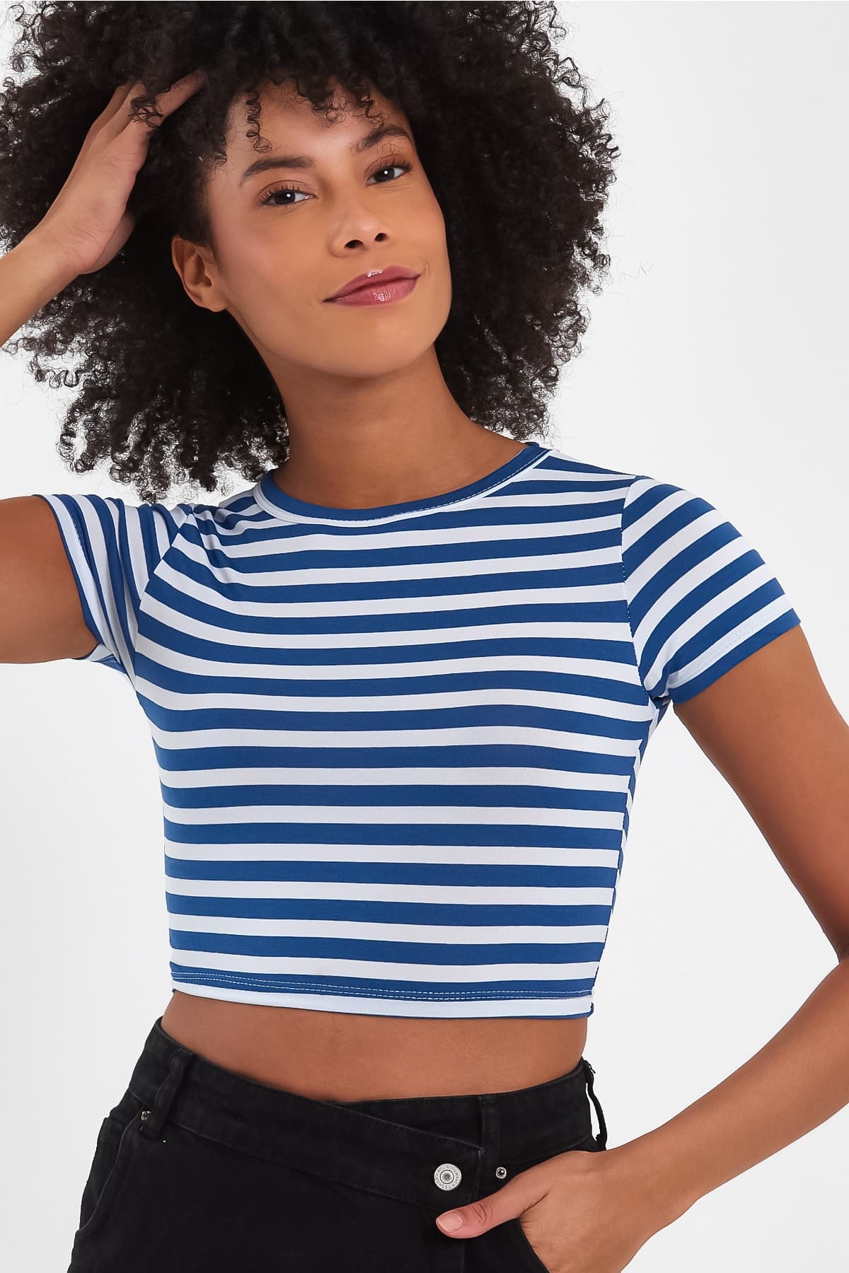 Kadın Çizgili Crop Tshirt - Mavi