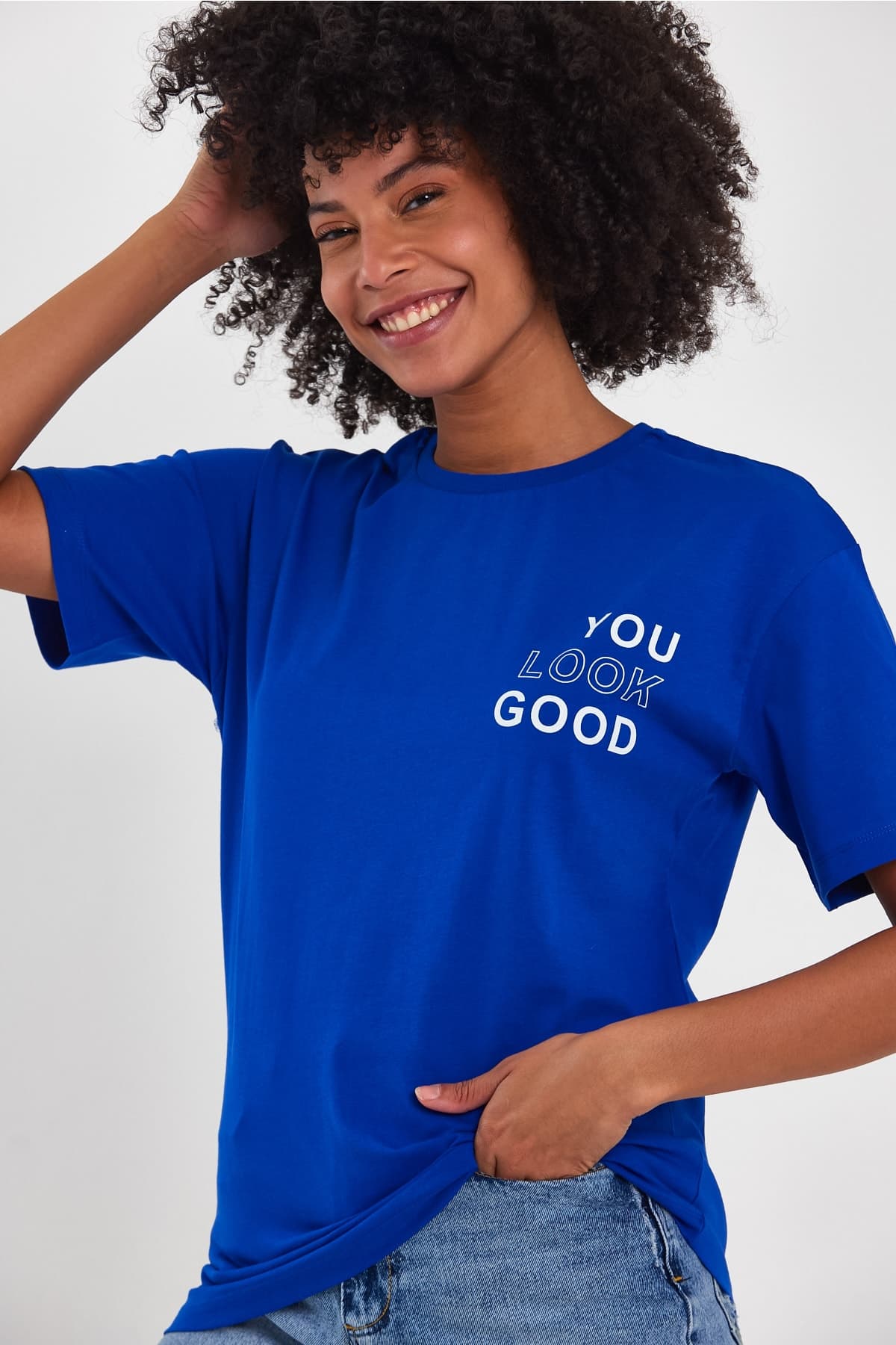 Look Oversize Baskılı Basic T-Shirt - Mavi