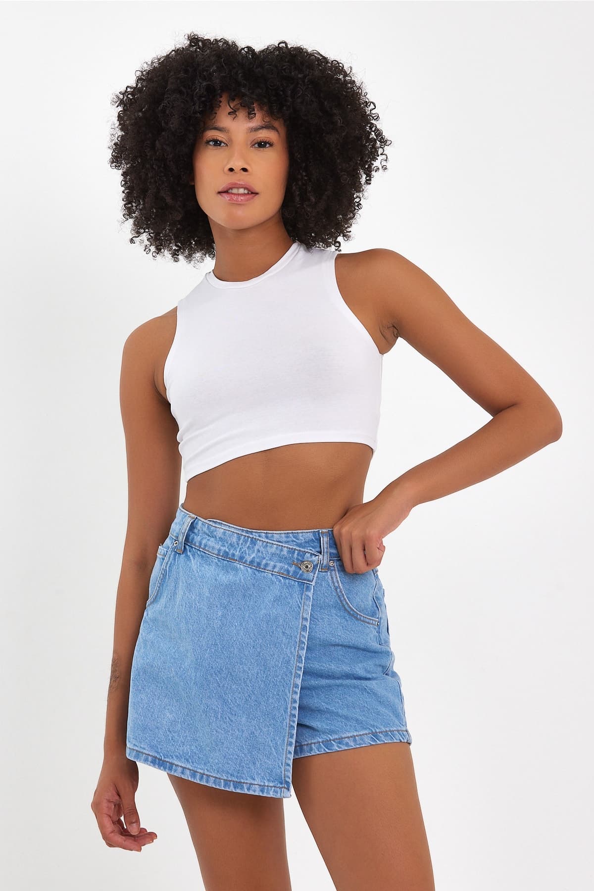 Önü Düğmeli Kot Şort Etek - Denim Mavi