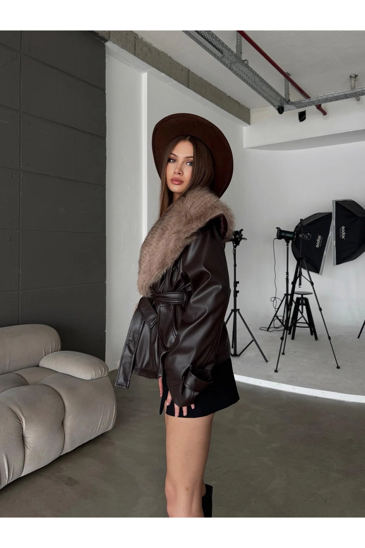 Premium Kürk Yaka Bağlamalı Deri Ceket Mont