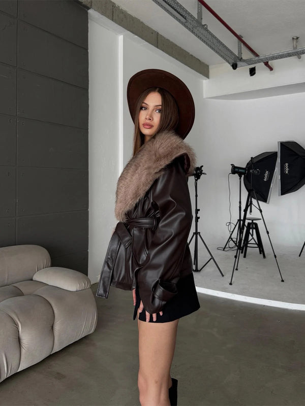 Premium Kürk Yaka Bağlamalı Deri Ceket Mont