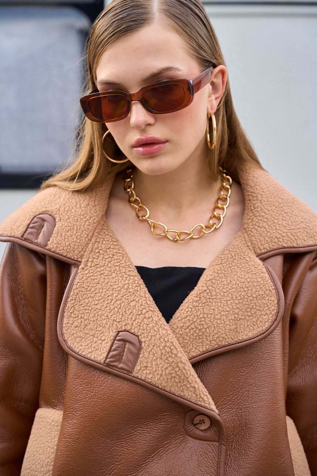 Wide Collar Soft Flotter Leather Plush Inside Buttoned Leather Jacket with Pockets