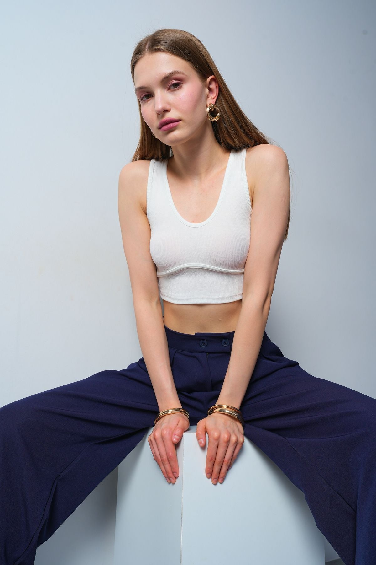 Women's Strappy Piece Detail Ribbed Crop