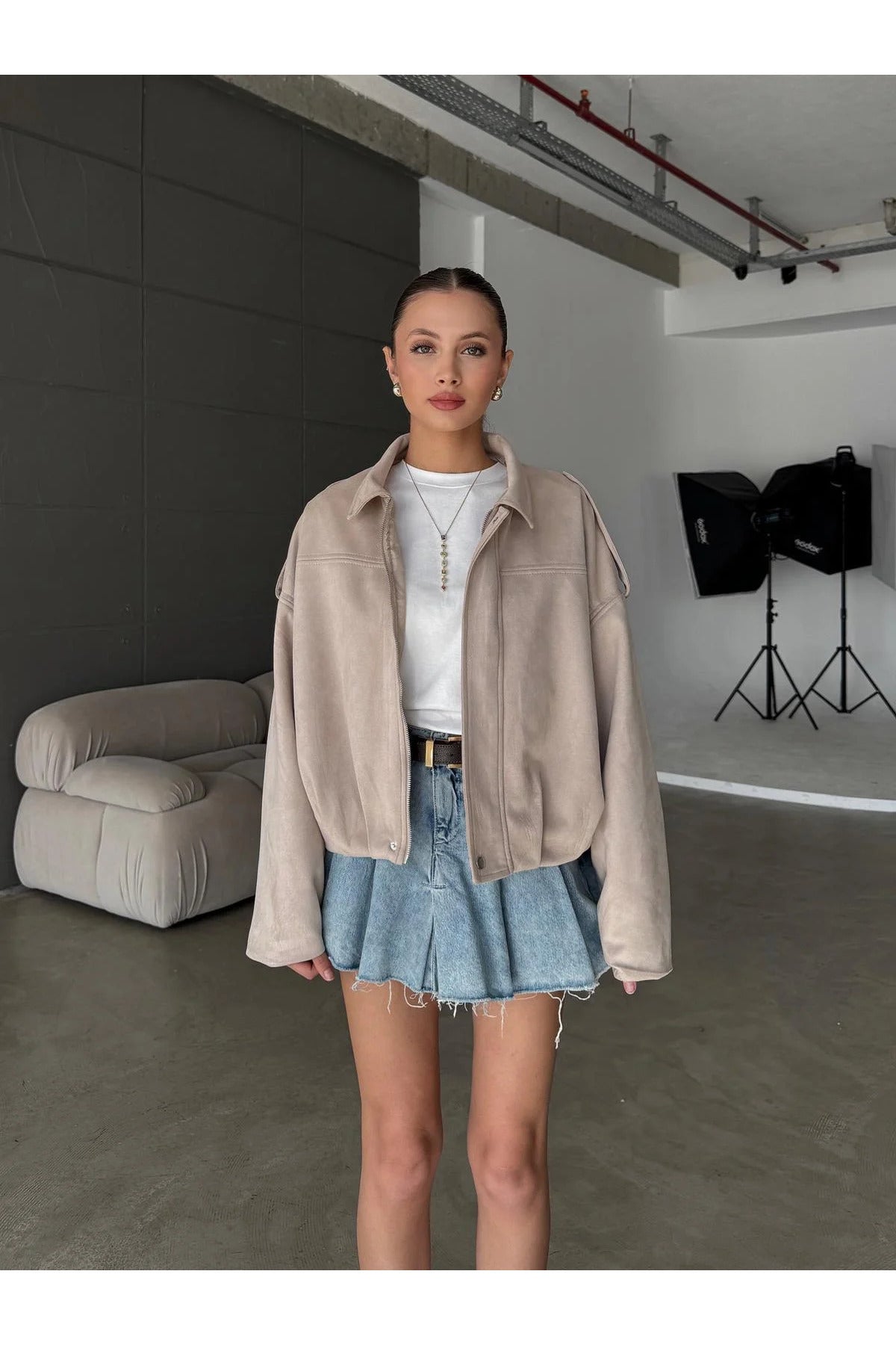 Fermuarlı Çıtçıtlı Suede Süet Bomber Ceket