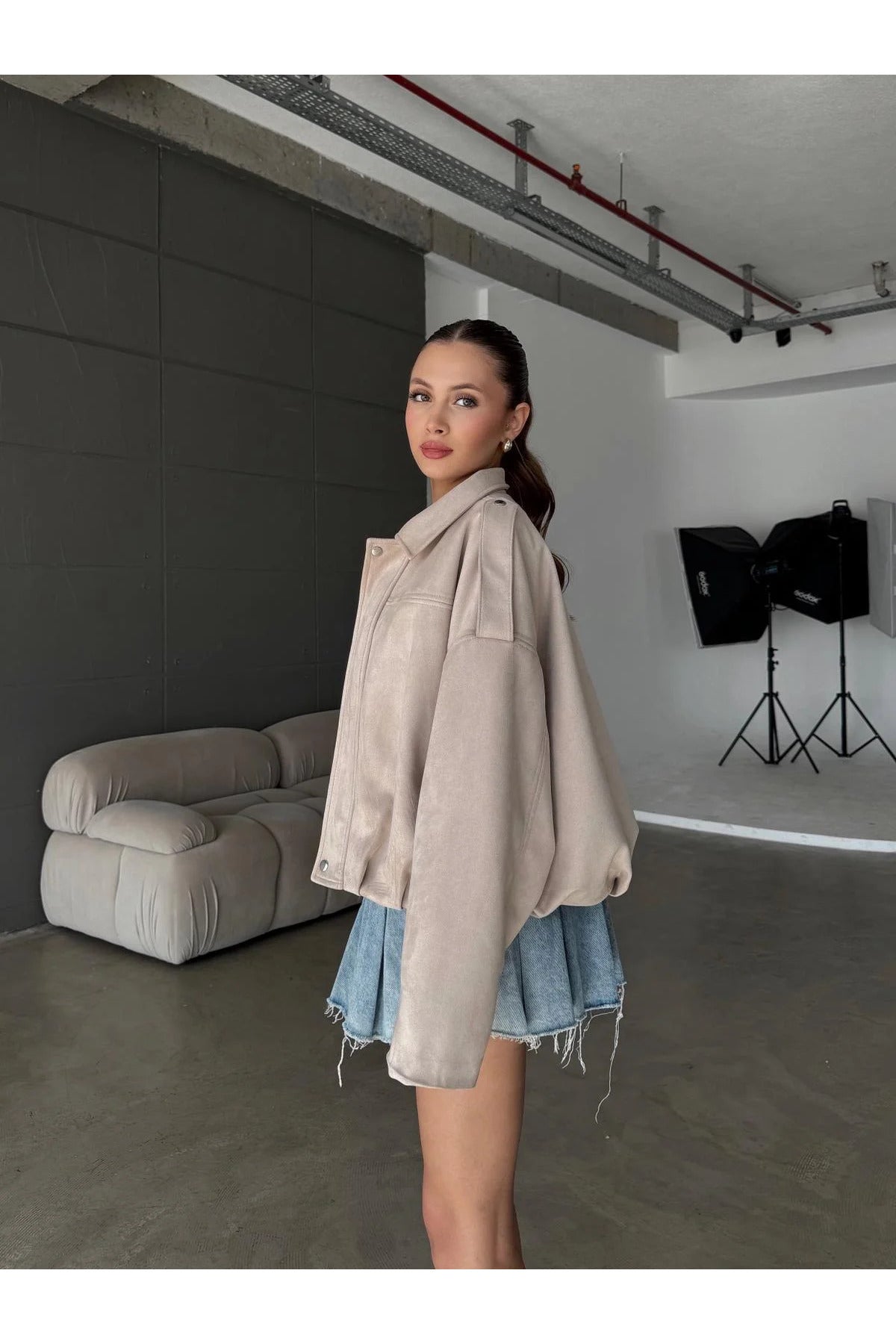 Fermuarlı Çıtçıtlı Suede Süet Bomber Ceket