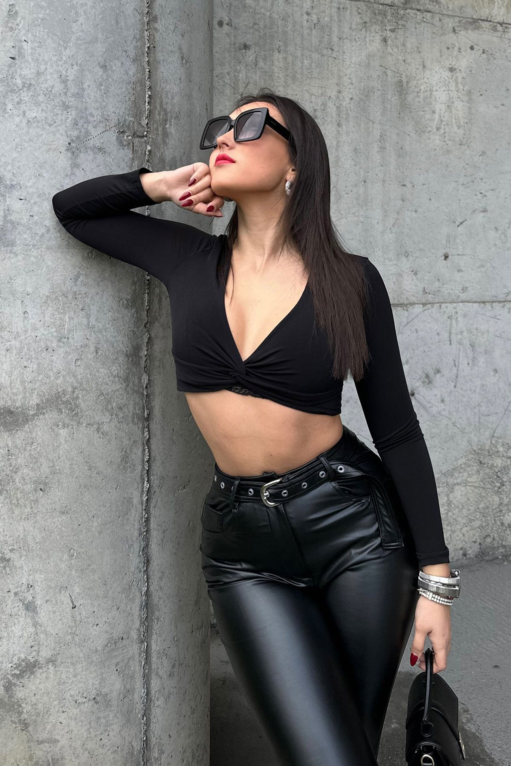 SS2024 Pleated V Neck Sandy Crop Blouse