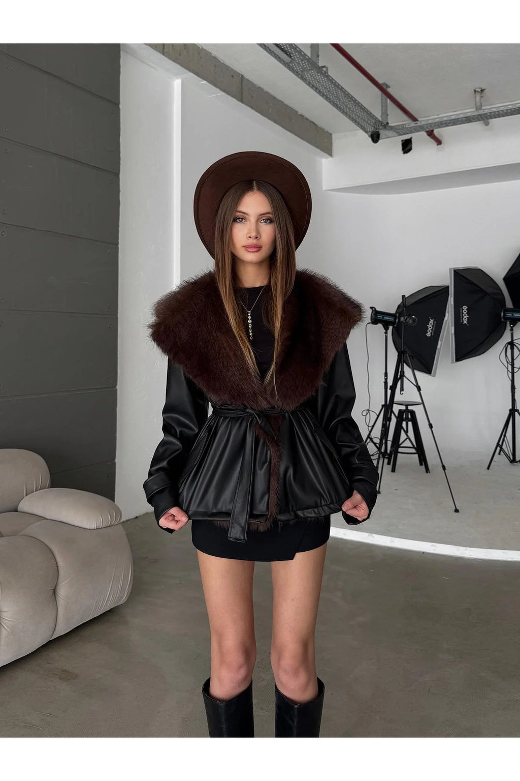 Premium Kürk Yaka Bağlamalı Deri Ceket Mont