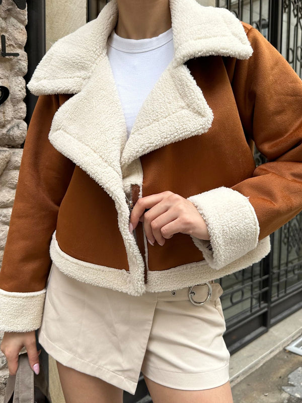 Premium Imported Suede Plush Detail Fur Shawl Collar Short Coat