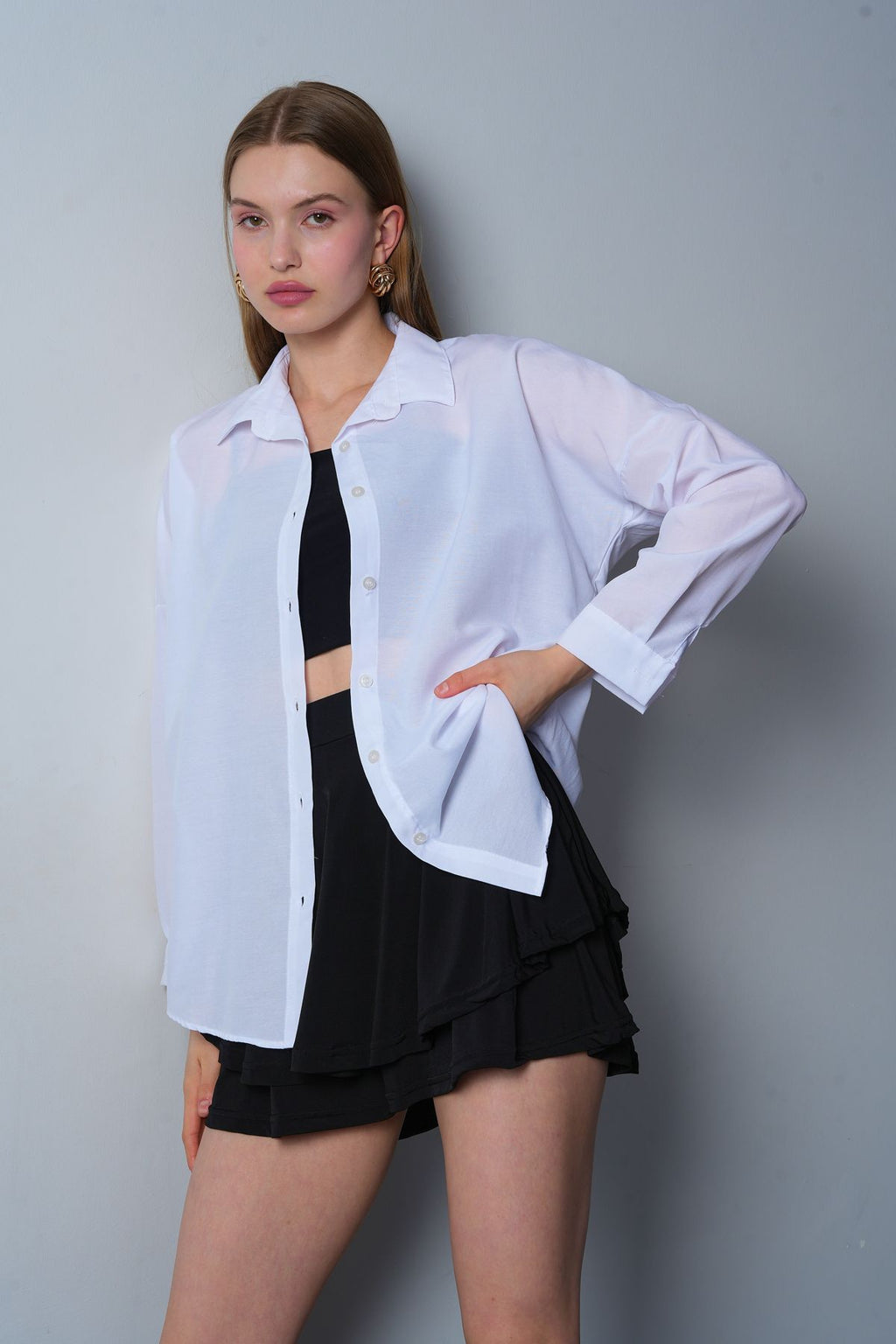SS24 Oversize Poplin Kumaş Cepli Uzun Kollu Pamuk Gömlek