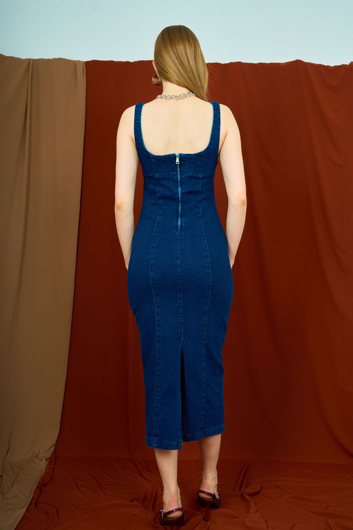 Strap Back Zipper Long Denim Jeans Dress
