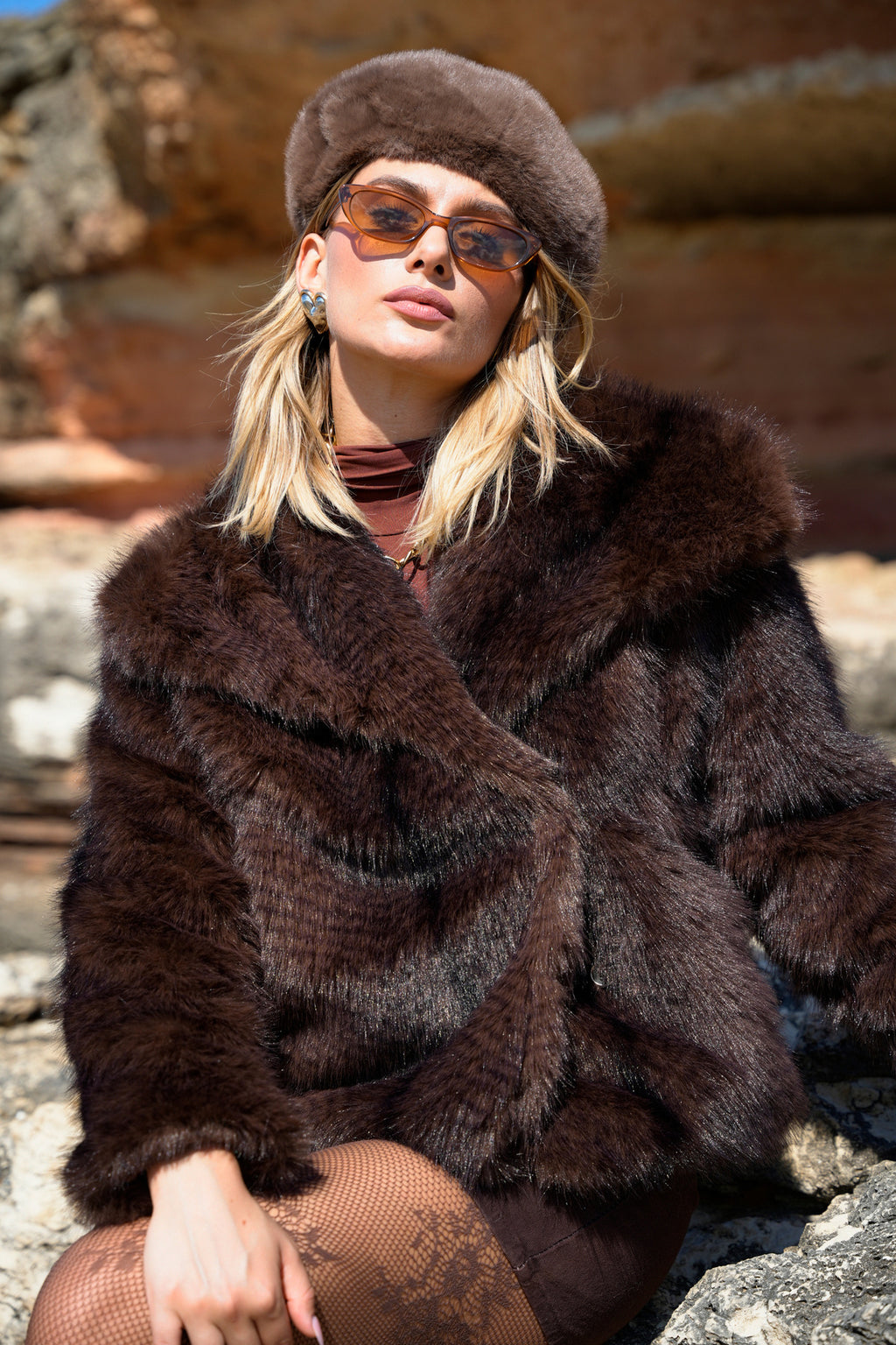 Yumuşak Doku Astarlı Cepli Desenli Şal Yaka Premium Kürk Mont