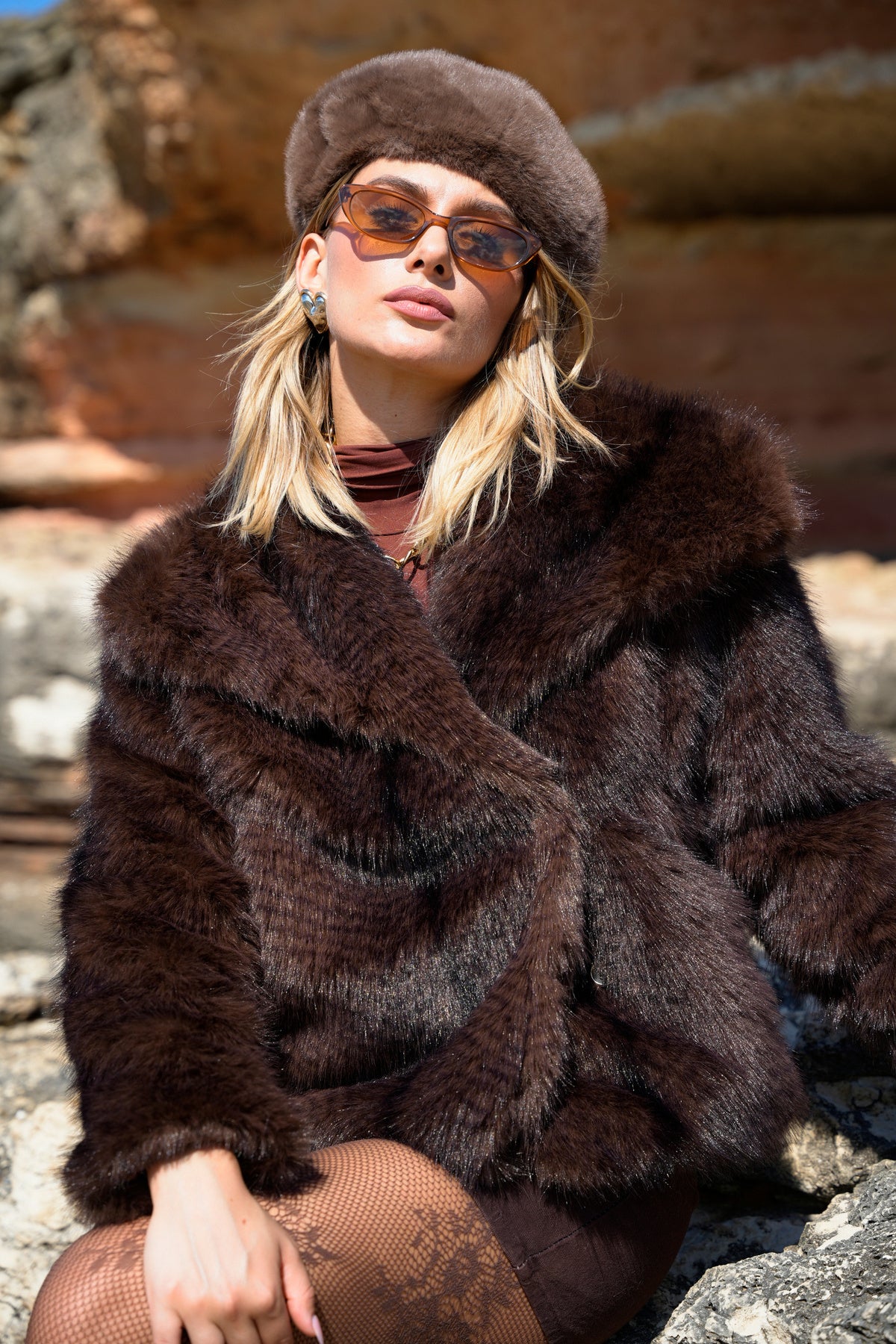 Yumuşak Doku Astarlı Cepli Desenli Şal Yaka Premium Kürk Mont