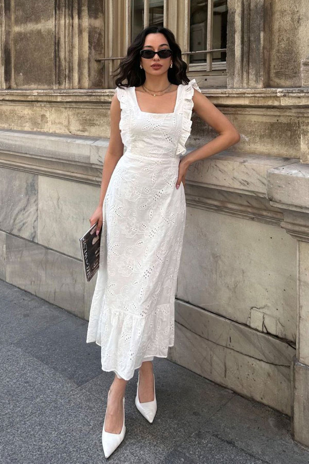 BACK LACE DETAIL SPECIAL DESIGN SQUARE COLLAR LINED BELT 100% COTTON EMBROIDERED SCARF DRESS