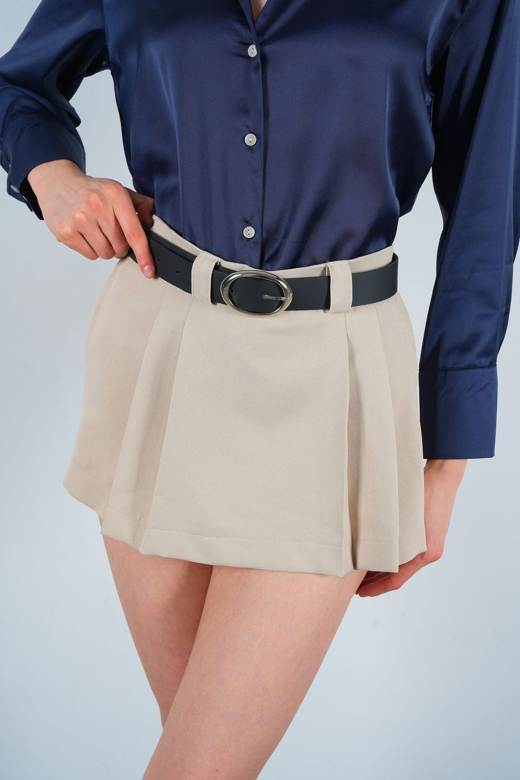 SS2024 Front Pleated Belt Detailed Short Skirt