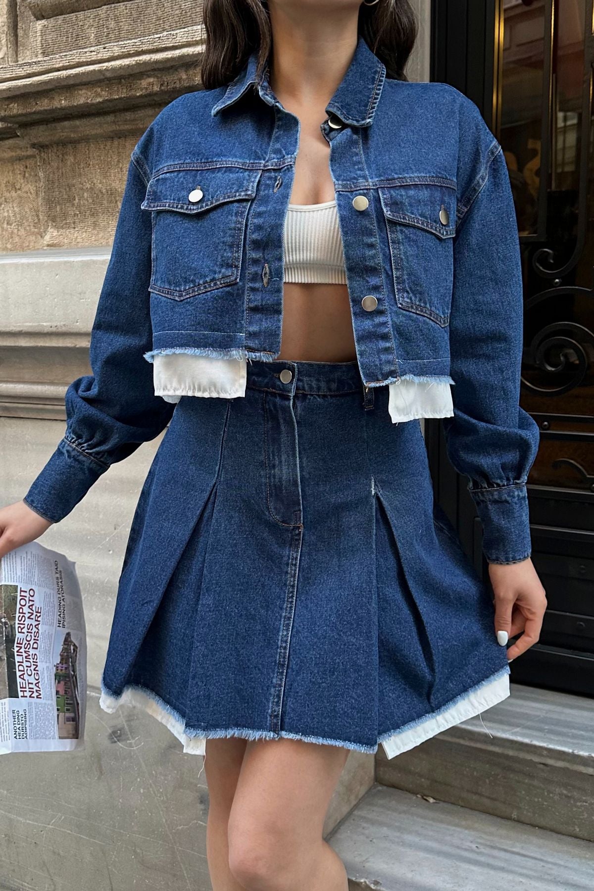 Premium Mavi Denim Kot Ceket Etek Takım