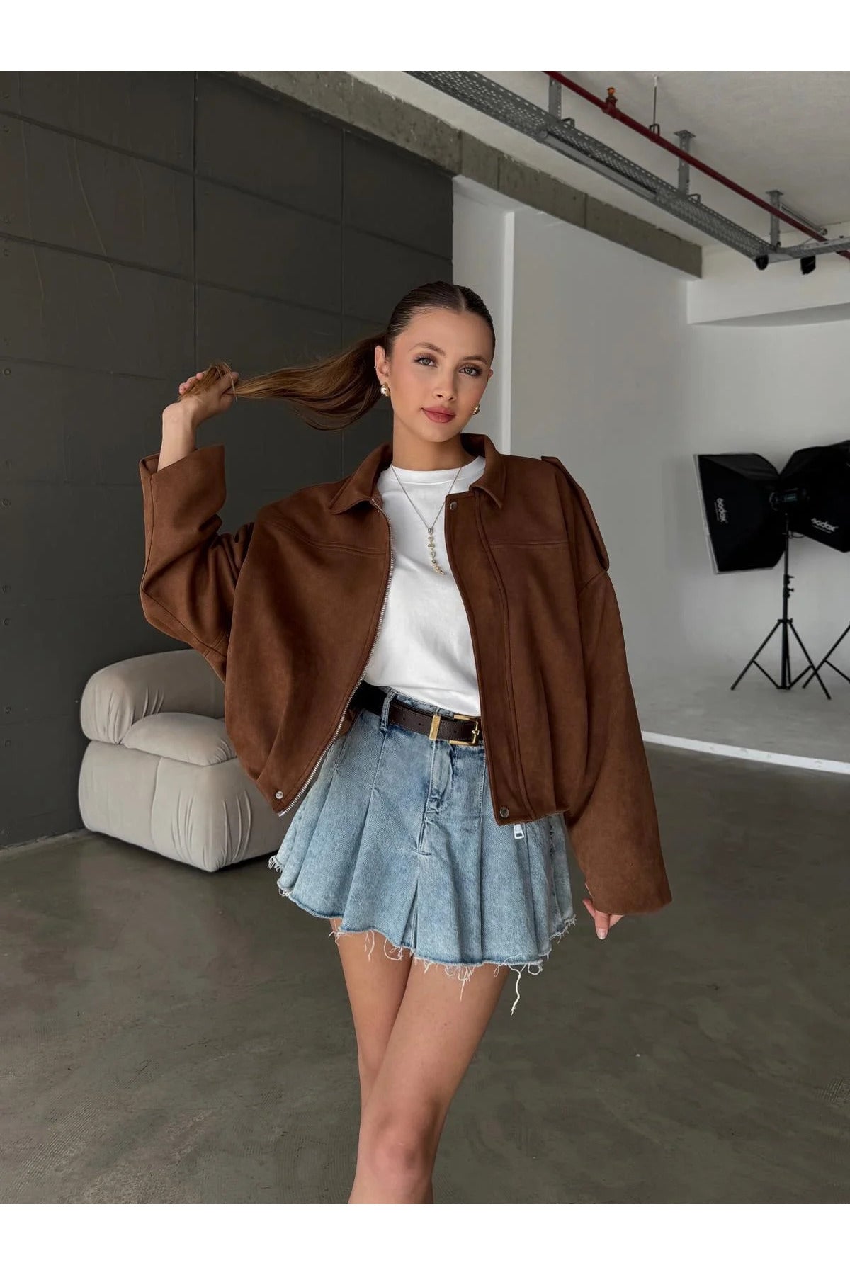 Fermuarlı Çıtçıtlı Suede Süet Bomber Ceket