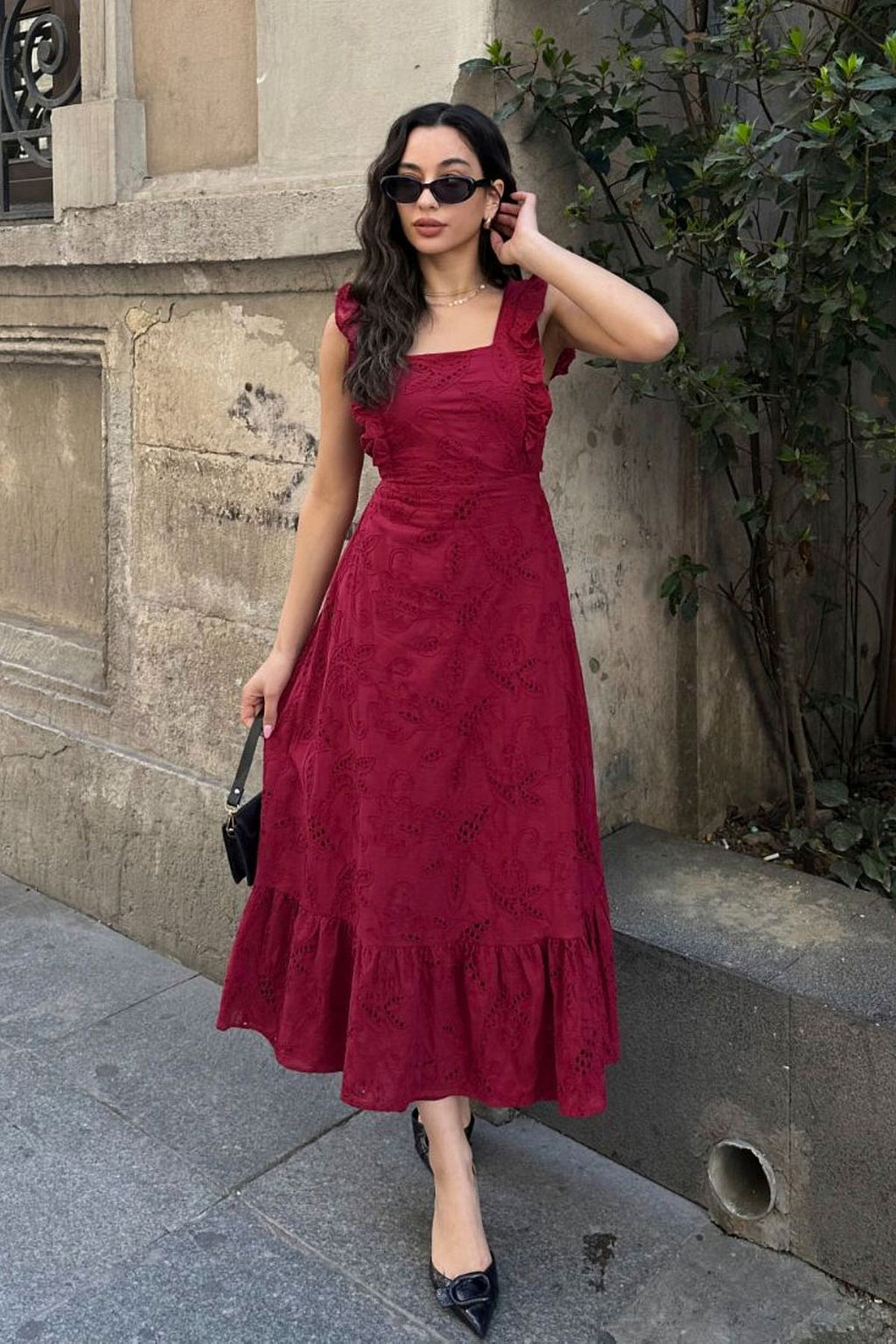 BACK LACE DETAIL SPECIAL DESIGN SQUARE COLLAR LINED BELT 100% COTTON EMBROIDERED SCARF DRESS