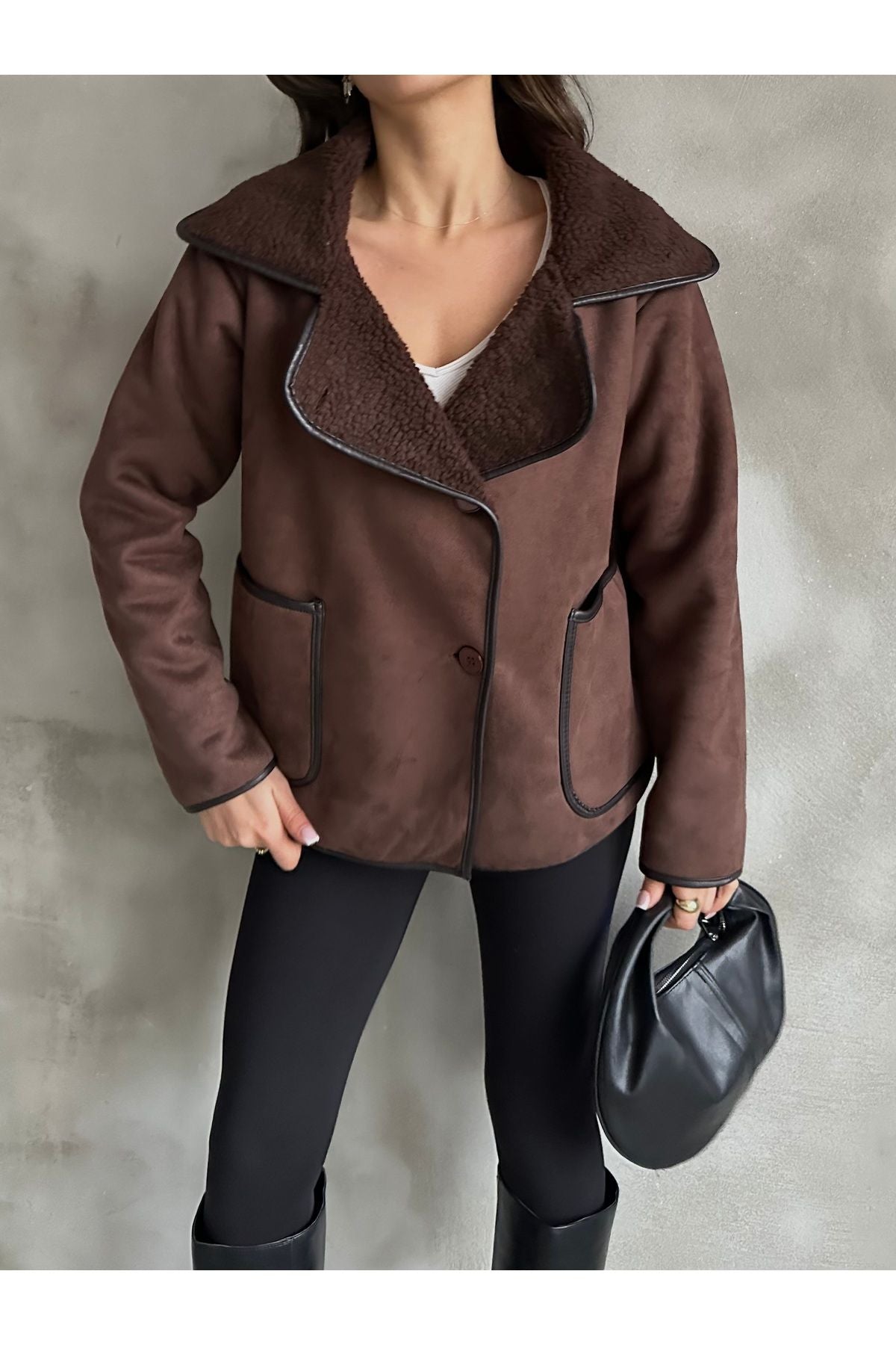 PLUSH INSIDE, SUEDE OUTSIDE COAT WITH POCKETS