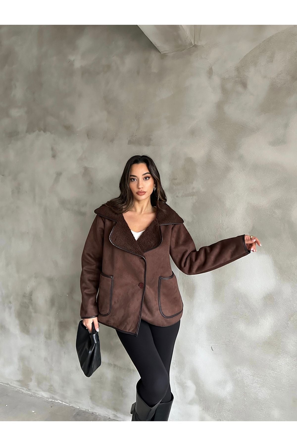 PLUSH INSIDE, SUEDE OUTSIDE COAT WITH POCKETS