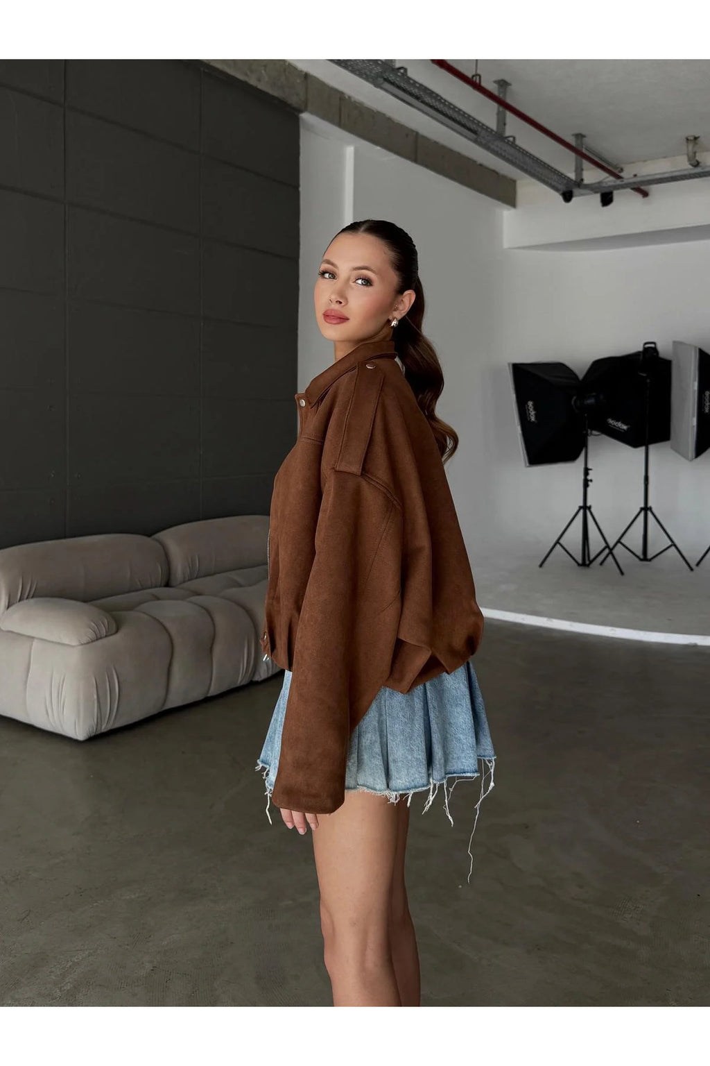 Fermuarlı Çıtçıtlı Suede Süet Bomber Ceket