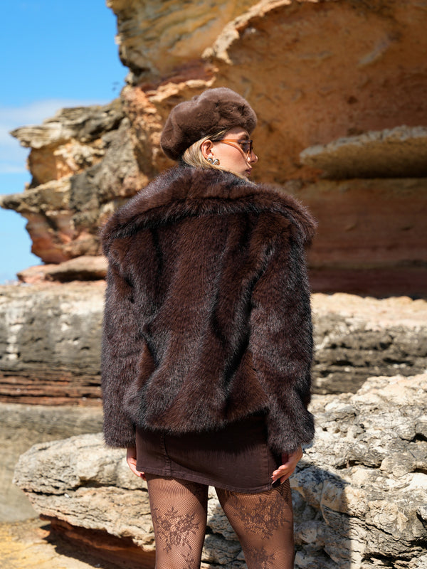 Yumuşak Doku Astarlı Cepli Desenli Şal Yaka Premium Kürk Mont