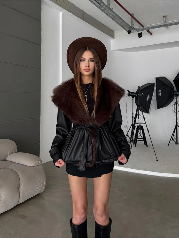 Premium Kürk Yaka Bağlamalı Deri Ceket Mont