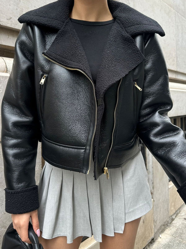 Geniş Yaka Fermuarlı Flotter Deri Peluş Yaka Yumuşak Premium Deri Ceket