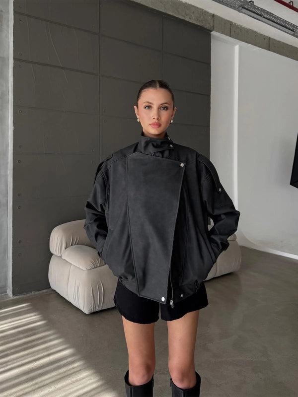 Boyun Detay Çıtçıtlı Beli Lastikli Deri Ceket Mont