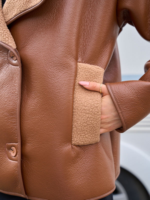 Geniş Yaka Yumuşak Flotter Deri İçi Peluş Cepli Düğmeli Deri Ceket