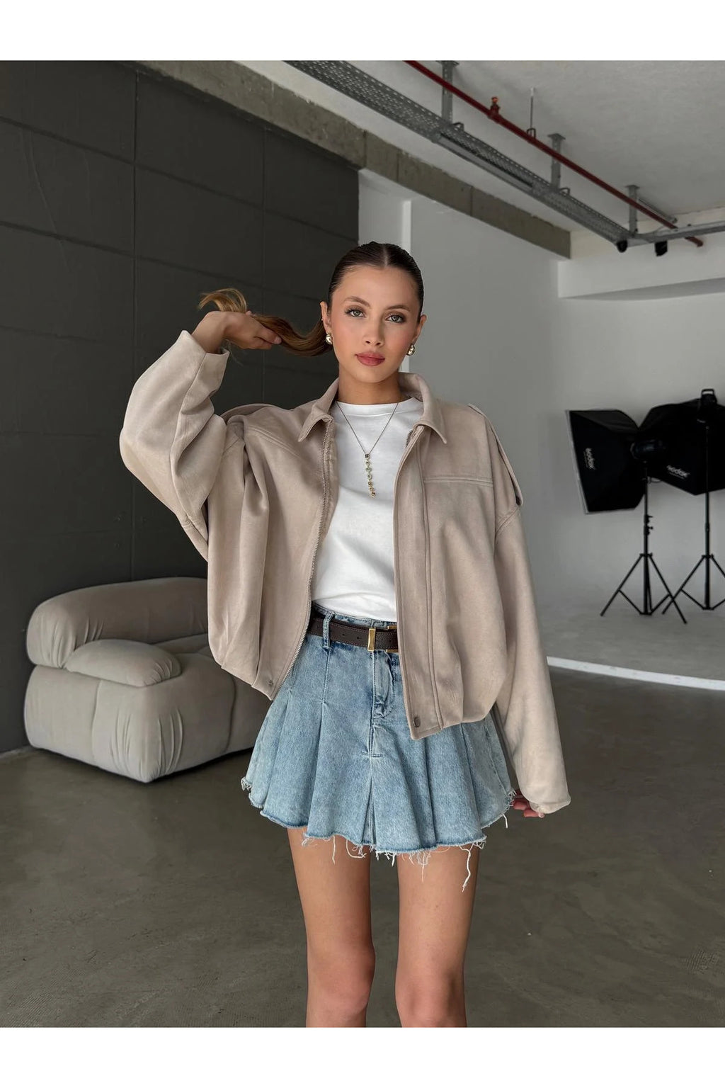 Fermuarlı Çıtçıtlı Suede Süet Bomber Ceket