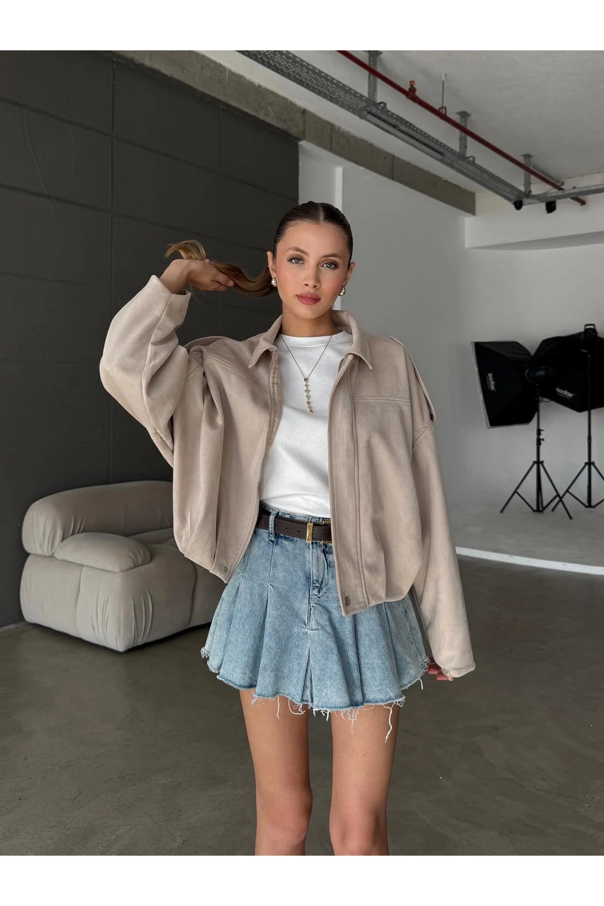 Fermuarlı Çıtçıtlı Suede Süet Bomber Ceket