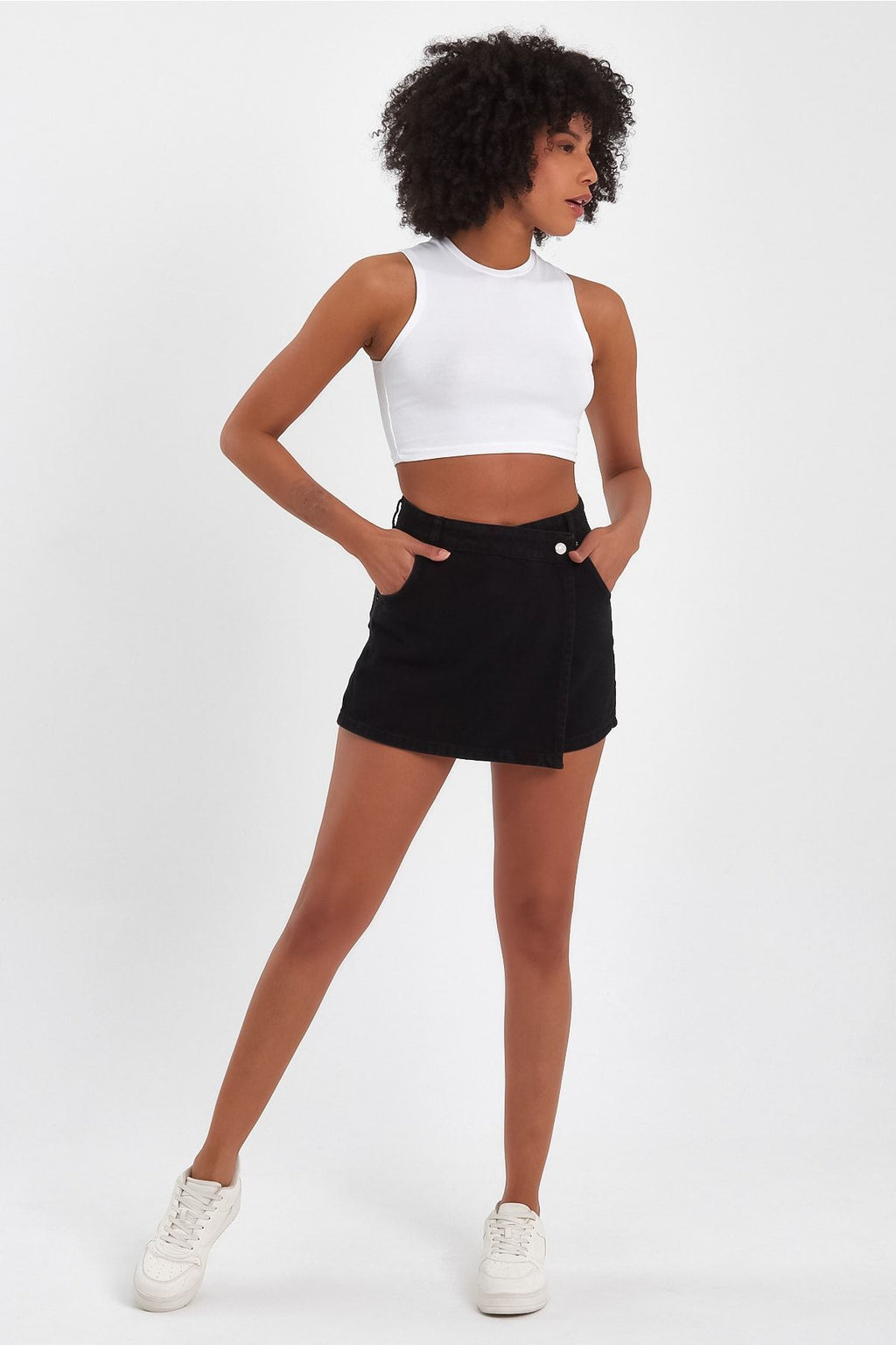 Button Front Denim Shorts Skirt