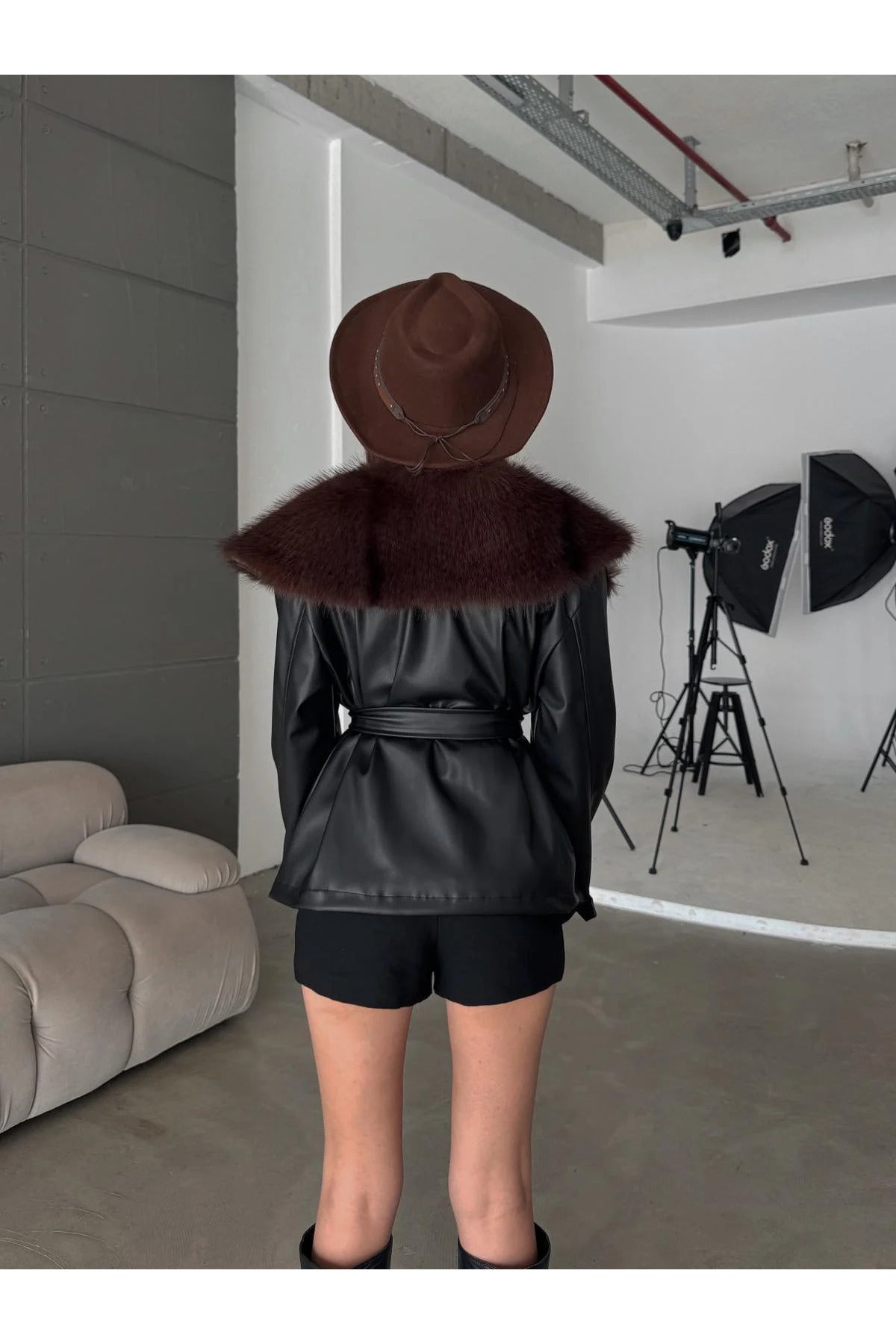 Premium Kürk Yaka Bağlamalı Deri Ceket Mont