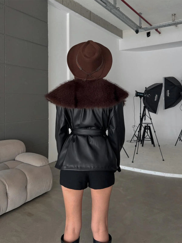 Premium Kürk Yaka Bağlamalı Deri Ceket Mont