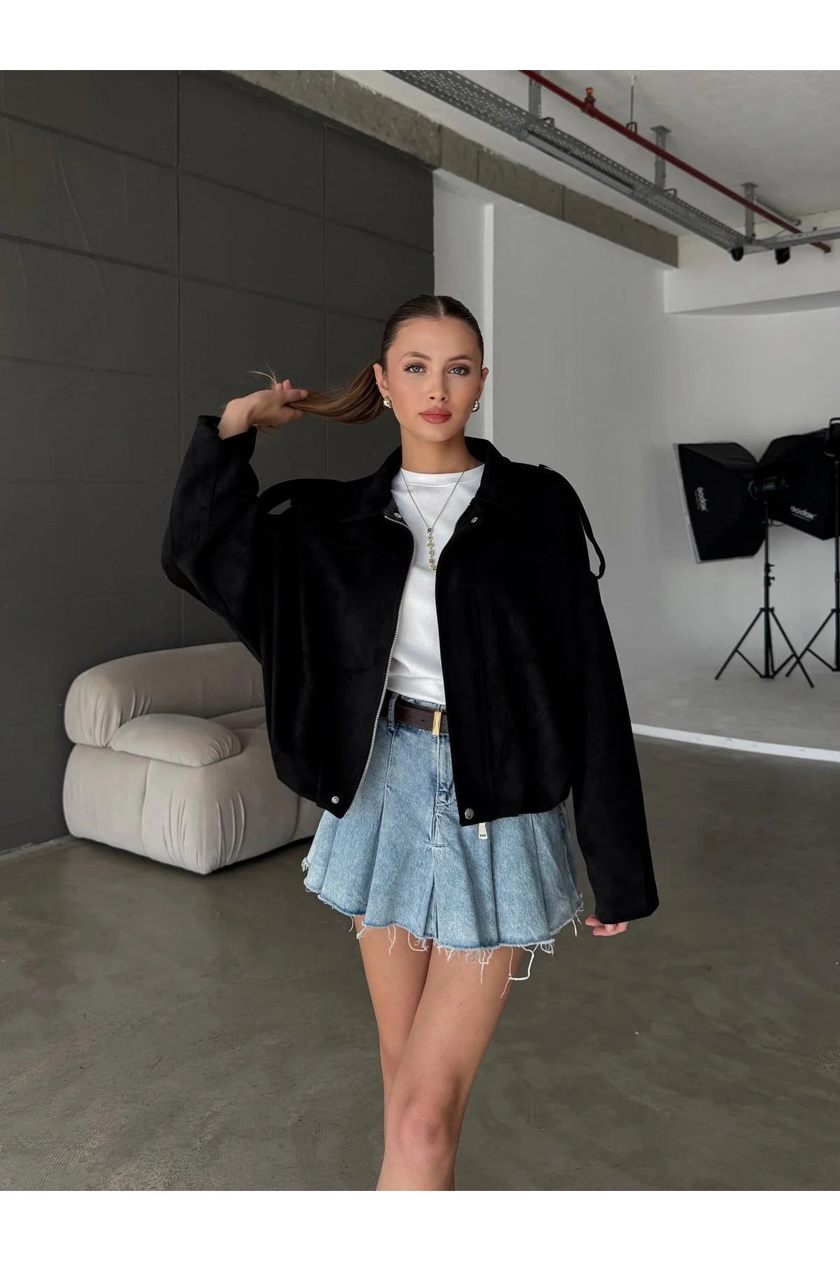 Fermuarlı Çıtçıtlı Suede Süet Bomber Ceket