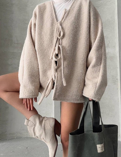 Kırçıllı Buklet Kumaş Saçaklı Astarlı Önden Bağlamalı Premium Kaşe Kimono Kaban Ceket