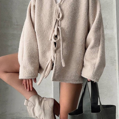 Kırçıllı Buklet Kumaş Saçaklı Astarlı Önden Bağlamalı Premium Kaşe Kimono Kaban Ceket