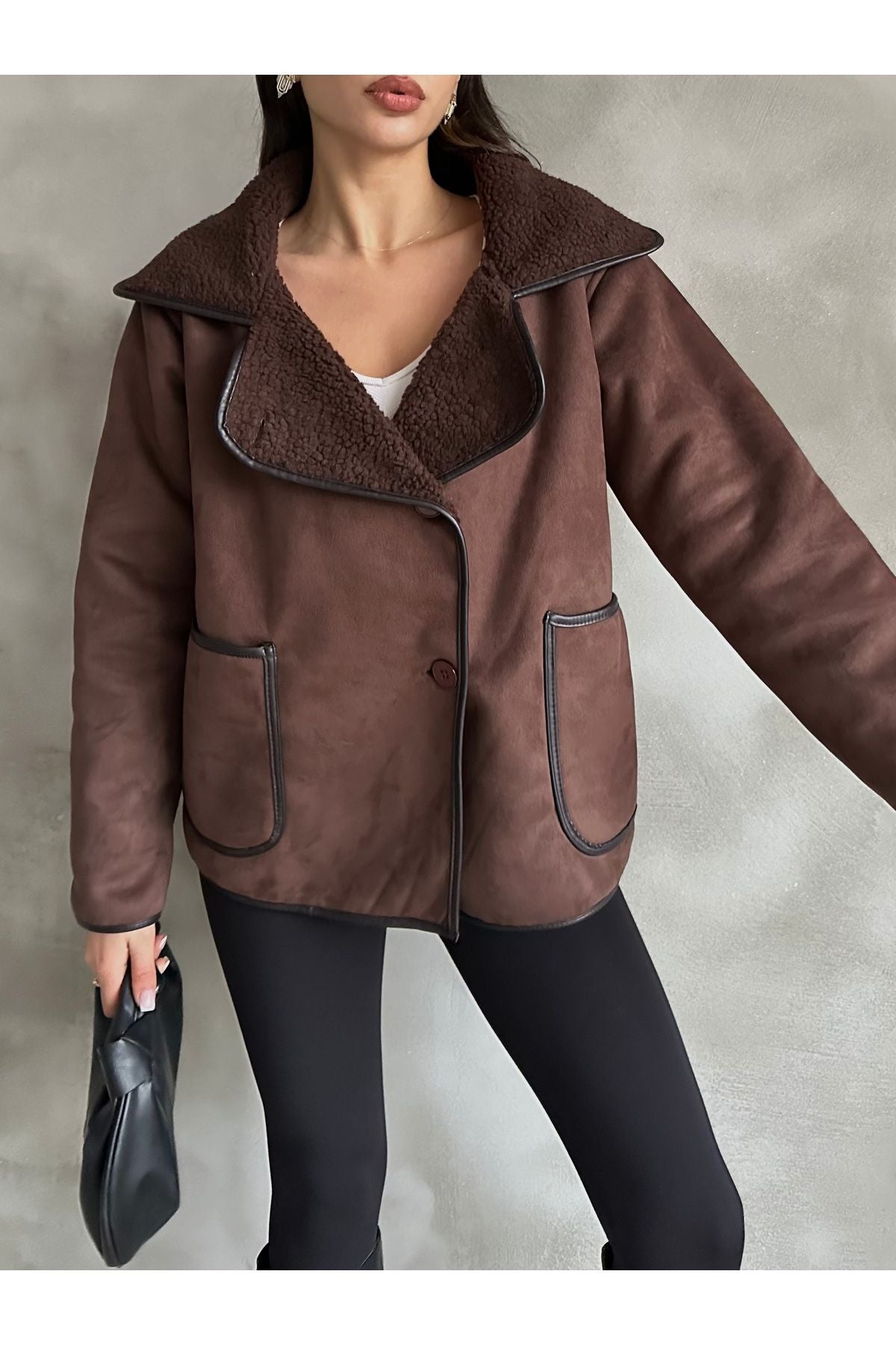 PLUSH INSIDE, SUEDE OUTSIDE COAT WITH POCKETS