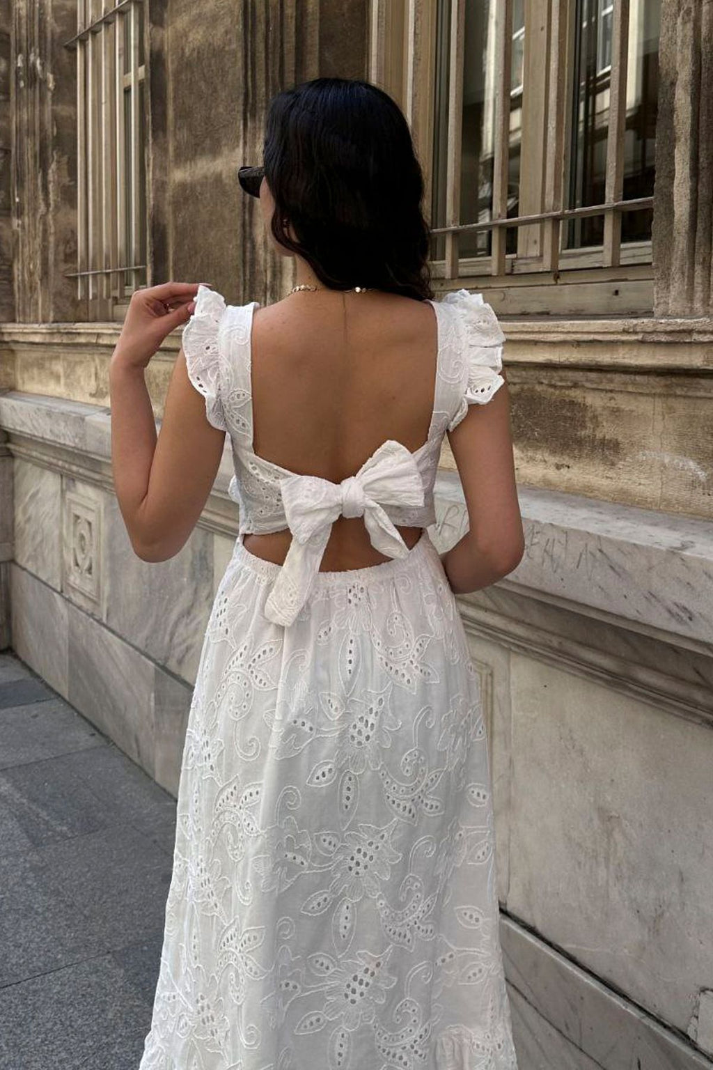 BACK LACE DETAIL SPECIAL DESIGN SQUARE COLLAR LINED BELT 100% COTTON EMBROIDERED SCARF DRESS