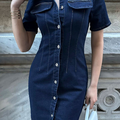 Taş İşlemeli Düğmeli Premium Denim Diz Üstü Kot Elbise